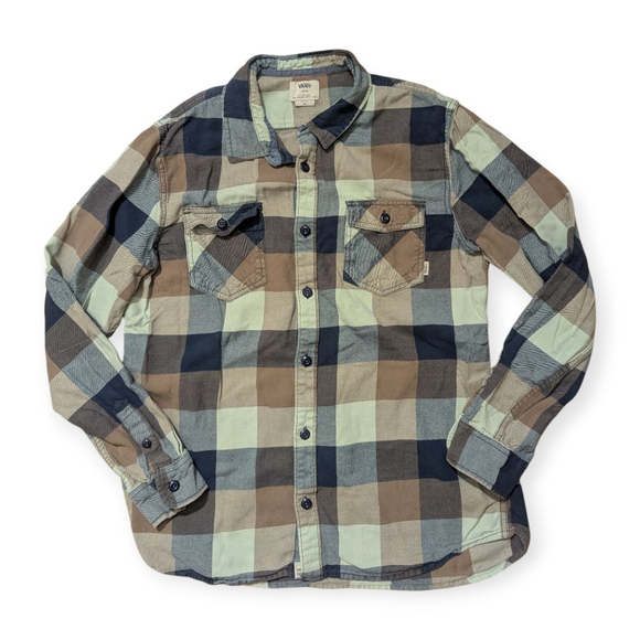 Vans Plaid Flannel Button Down Shirt Large Brown Blue - Picture 1 of 10